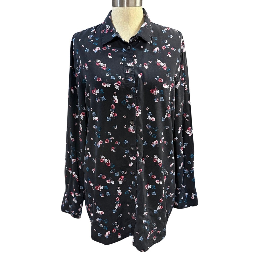 Banana Republic L Black Floral Dillon Silk Classic Fit Button Down Blouse Moody